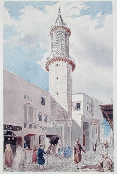 Moskeens minaret på Rue de Chartres og Rue Bab-Azoun, Algier (akvarel på papir) af Theodore Leblanc