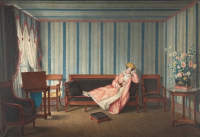 Kvinde i lyserød tilbagelænet på en kanape, 1819. af Theodore Lebrun
