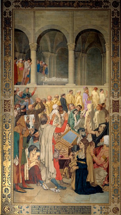 Kong Ludvig VI sagde, at Gros (1081-1137) og folket i Paris ledet af eveque Etienne bad om beskyttelse til Sainte Genevieve, skytshelgen for byen mod ondskaben fra de glødende (eller ergotismen) i 1130 Maleri af Theodore Maillot ( 1826-1898) 1885 af Theodore Pierre Nicolas Maillot