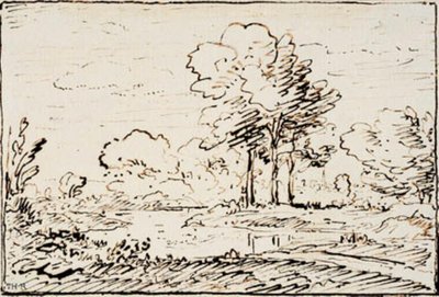 Landskab med tre høje træer ved en flodpynt af Theodore Rousseau