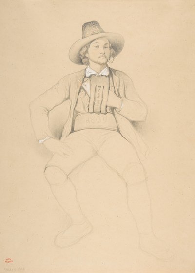 En mand i tyrolsk kostume, siddende, ryger en pibe, 1842. af Theodore Valerio