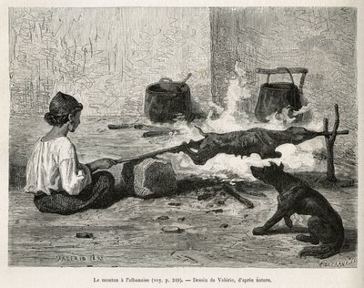 En ung montenegriner steger et får med albaneren, sidder foran bålet og drejer konstant på trænålen. Gravering efter Valerios tegning, for at illustrere rejsen til Dalmatien, af Charles Yriarte, i 1874, udgivet i "" Le tour du mon af Theodore Valerio