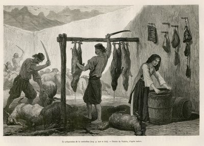 Tilberedning af castradina, specialitet af kød fra får og geder saltet og bucanee, mod slutningen af oktober, i Dalmatien (Istrien og Hercegovina (Kroatien)), tegning af Valerio, for at illustrere rejsen til Montenegro, i 1874, af Charles Yriarte af Theodore Valerio