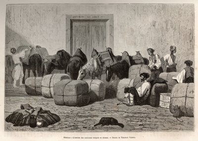 Når tyrkiske karavaner ankommer til Sebenico Customs (Serbien), læsser erhvervsrejsende ballerne af bagsiden af deres kameler for at verificere varernes mængde og art. Gravering efter tegningen af Theodore Valerio, for at illustrere en historie af Theodore Valerio