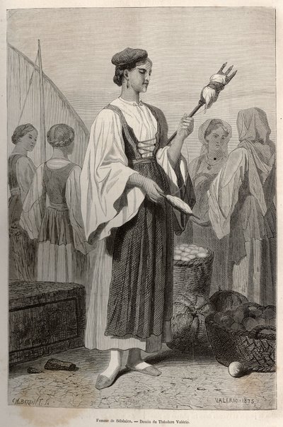 Kvinde fra Sebenico (Serbien), der bruger spindler til at spinde uld på markedspladsen. Gravering efter tegningen af Theodore Valerio, for at illustrere en historie om Dalmatien, af Charles Yriarte, i 1874, udgivet i "" Le tour du monde""" 1876, redigeret  af Theodore Valerio