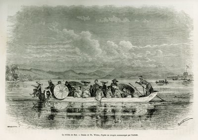 En båd på floden Hue (Vietnam), tegning af Th. Weber, for at illustrere historien om otte dages ambassade i Hue (Kongeriget Annam), i 1875, af Mr.Brossard de Corbigny, løjtnant (N), knyttet til missionen. Indgravering i Le tour du monde af Theodore Weber