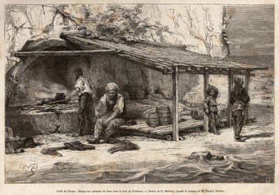 En tunfiskerhytte i Proelucca-bugten, Fiume-bugten (eller Rijeka, Istria), tre af fiskerne sover stadig, pakket ind i tæpper, en anden vil udstyre og erstatte udkigsposten, en anden vil forberede køkkenet og mosset vandrer kl. foden o af Theodore Weber