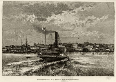 Ankomst til Victoria, Canada. Gravering af Th.Weber, for at illustrere historien ""Transcanadien og Alaska"" af E.Cotteau, i 1890, i Le tour du monde, nouveau journal des voyages, redigeret af Edouard Charton (1807-1890), 2. semester 1891 , udgave Hachet af Theodore Weber