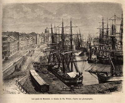 Les quais de Montreal, gravering efter tegning af Th. Weber, der illustrerer udflugten til Canada og Riviere Rouge du nord, af H. De Lamotte, i 1873, udgivet i "" Le tour du monde""" 1875, redigeret af Edouard Charton, Hachette-udgaven, Paris. Selv af Theodore Weber