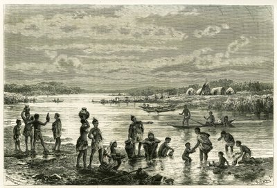 Livet på bredden af Zambeze-floden, marutserne er meget bekymrede over deres renlighed, og vask for dem er en aktivitet af første nødvendighed. Stik af Th. Weber, for at illustrere historien "Au pays des Marutses", i 1875-1879, af Dr. Emile Holu af Theodore Weber