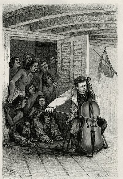Portræt af den rejsende forfatter, der spiller cello og tiltrækker et publikum af nysgerrige. Gravering af Th.Weber, for at illustrere historien "" Les Iles Wallis"", af Dr. Emile Deschamps, lægemajor ved det 80. infanteri. Udgivet i Le Tour du monde, nou af Theodore Weber