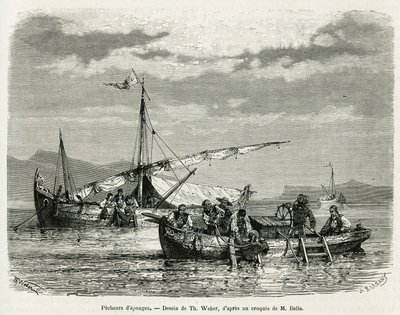Svampefiskere i Nafplio-bugten, tegning af The. Weber, for at illustrere historien om en tur til Grækenland i 1861, 1868 og 1874 af Henri Belle. Indgravering i Le tour du monde af Theodore Weber