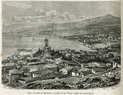 Byen Jalta, taget fra Massandra, tegning af Th.Weber, for at illustrere historien Fire måneder i Rusland, i 1876, af F. De Mely. Indgravering i Le tour du monde af Theodore Weber