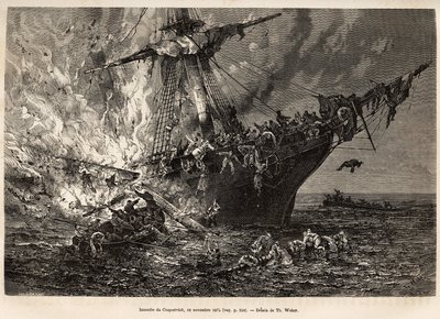 Branden fra Cospatrick, et britisk skib med mere end 400 emigranter til New Zealand, den 19. november 1874, indgraveret efter en tegning af T. Weber, der illustrerer studiet af storme og rejser, af hr. Zurcher og hr. Margolle, i 1870-1874, udgivet i af Theodore Weber