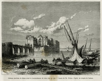 Søborgen Sidon før bombardementet i 1840. Indgravering af Th. Weber, for at illustrere historien La Syria d
