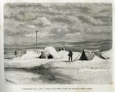 Det meteorologiske observatorium blev installeret ved Koljutschin-bugten (polarcirklen), mens skibet La Vega blev fanget i isen, og besætningen forberedte sig på overvintring. Gravering af Th.Weber, for at illustrere historien om Vega