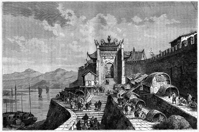 Udsigt over Shanghai-porten ved Huangpu-floden, Kina i årene 1870-1880. Gravering efter en tegning af Weber, i "Le Tour du Monde, Nouveau journal des Voyages", redigeret af Edouard Charton, Paris af Theodore Weber