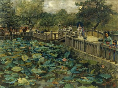 Lotus Pond, Shiba, Tokyo af Theodore Wores