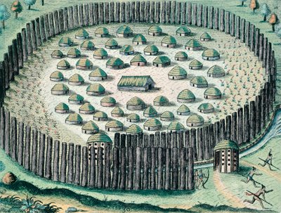 En befæstet indisk landsby, Illustration fra The Discourse of Florida, af Theodore de Bry, gravering af Theodore de Bry