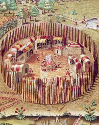 En Pomeiok indisk befæstet landsby, Illustration fra Admiranda Narratio, af Theodore De Bry af Theodore de Bry