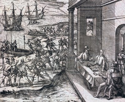 Aftale mellem Francisco Pizarro, Diego de Almagro og Hernando de Luque om at udforske og udnytte Peru af Theodore de Bry