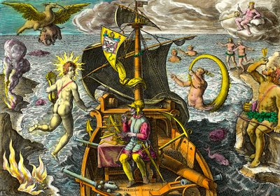 Allegori om navigatøren Fernand de Magellans (1480-1521) rejser, skildrer på sit skib ved hjælp af en armillarkugle og omgiver mytologiske karakterer og fantastiske dyr. Gravering fra "Admirante Narratio Americae"" af Theodore de Bry (1528-159) af Theodore de Bry