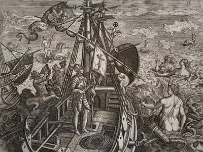 Allegori om Christopher Columbus rejse til opdagelsen af den nye verden, gravering af Theodor de Bry (1528-1598) af Theodore de Bry