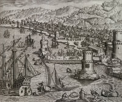 Girolamo Benzonis ankomst til havnen i Las Palmas under hans rejse til Amerika (1541), De Kanariske Øer, gravering af Theodor de Bry (1528-1598) af Theodore de Bry