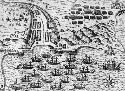 Angreb på Santiago den 27. november 1585 (gravering) af Theodore de Bry