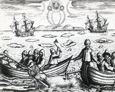 Aurora borealis og hvidbjørnejagt under tredje ekspedition ledet af William Barents (ca. 1550-1597) på jagt efter Nordøstpassagen i 1596, af Theodor de Bry (1528-1598), gravering af Theodore de Bry