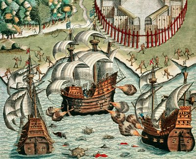 Kamp mellem franskmændene og portugiserne ud for Buttugar af Theodore de Bry