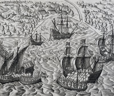 Slag foran byen Matical i Den Bengalske Bugt, gravering fra Indiae Orientalis, af Theodor de Bry (1528-1598) af Theodore de Bry