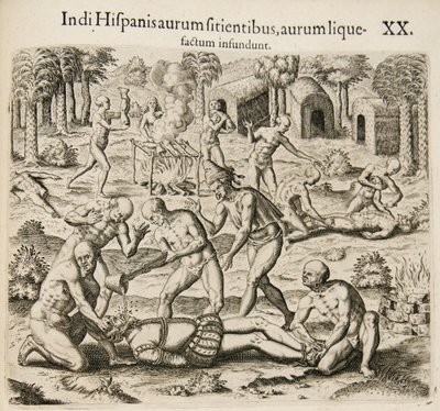 Fordi spanierne tørster efter guld, hælder indianerne flydende guld i dem. Fra: Americae pars qv af Theodore de Bry