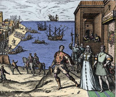 Christopher Columbus og Pinzon-brødrene forlader havnen i Palos i Spanien den 03/08/1492 til den nye verden. Til højre Kongen og dronningen af Portugal katolske Ferdinand II af Aragon og Isabella Iere af Castilien. Indgravering af Theodore de Bry i "" Admi af Theodore de Bry