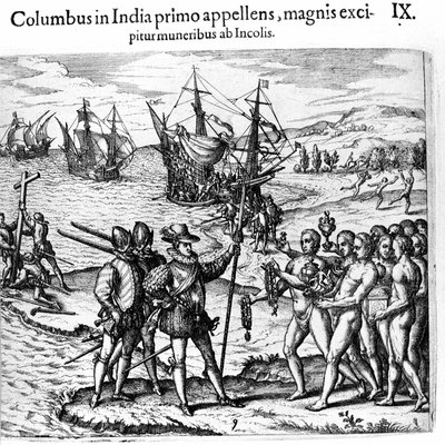 Christopher Columbus ankommer til Vestindien. Gravering af Theodore de Bry i "" Admirante Narratio - Americae"" af Theodore de Bry