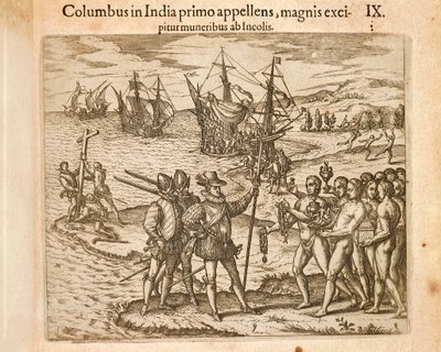 Christopher Columbus lander på øen Guanahani (San Salvador) 12. oktober af Theodore de Bry
