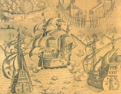 Sammenstød mellem franske og portugisiske skibe i Atlanterhavet for besiddelse af Brasilien, Illustration fra amerikansk historie af Theodore de Bry af Theodore de Bry