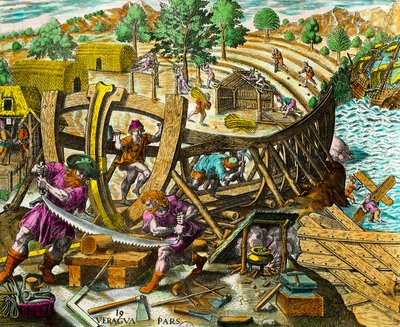 Konstruktion af en båd til den spanske navigatør Vasco Nunez de Balboa (1475-1517) Indgravering fra "History of the Americas" af Theodore de Bry (1528-1598) 1500-tallet. Privat samling af Theodore de Bry