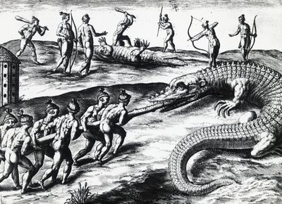 Krokodillejagt i Florida, fra maleri af Jacques le Moyne de Morgues (ca. 1533-før 1588), af Theodor de Bry (1528-1598). gravering af Theodore de Bry