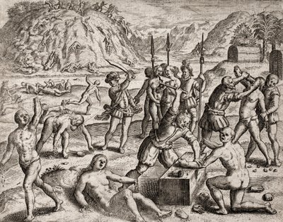 Beskrivelse af forbrydelser påført indianere af spanske bosættere - Conquistadorer massakrerer en indisk landsby. Amputations des mains - Indgravering af Theodore de Bry i "Fortællingen om nogle af de mest henrivende indianere af spanierne" af Bartolome d. af Theodore de Bry