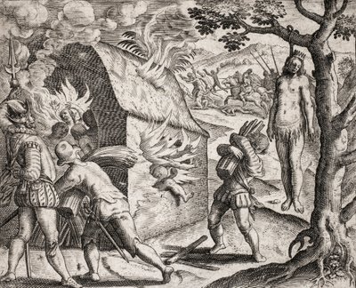 Beskrivelse af forbrydelser påført indianere af spanske bosættere - Brand i en indianerlandsby af conquistadorerne. Hanging - Indgravering af Theodore de Bry i "Den sandeste historie om nogle af de ødelagte spaniere" af Bartolome de las Casa af Theodore de Bry