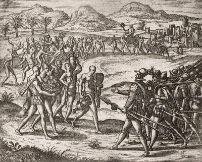 Beskrivelse af forbrydelser påført indianere af spanske bosættere - indianere bringer gaver og guld til conquistadorerne - gravering af Theodore de Bry i " "historien om nogle af de ødelagte spanske spaniere af Theodore de Bry