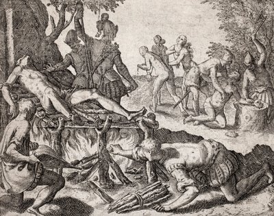 Beskrivelse af forbrydelser påført indianere af spanske bosættere - Scene for tortur af indianere af spanske conquistadorer. Tortur på en grill, amputation af hænder - Indgravering af Theodore de Bry i "" Narratio regionum indicarum per Hispanos quosdam de af Theodore de Bry