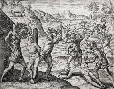 Beskrivelse af forbrydelser påført indianere af spanske bosættere - Spaniere, der torturerer indianere - Indgravering af Theodore de Bry i "Brevisima Relacion de la Destruction de las Indias"" af Bartolome de las Casas (1484-1566) af Theodore de Bry