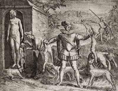 Beskrivelse af forbrydelser påført indianere af spanske bosættere - Spanske conquistadorer massakrerer indiske kvinder og børn. Hængende. Children jetes aux chiens - Gravering af Theodore de Bry i "" Narratio regionum indicarum per Hispanos quosdam devasta af Theodore de Bry