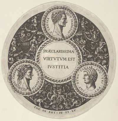 Design til et fad med portrætter af de romerske kejsere Cæsar, Claudius og Otho, ca...., ca. 1588. af Theodore de Bry