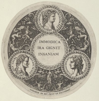 Design til et fad med portrætter af de romerske kejsere Nero, Galba og Caligula, ca. ..., ca. 1588. af Theodore de Bry