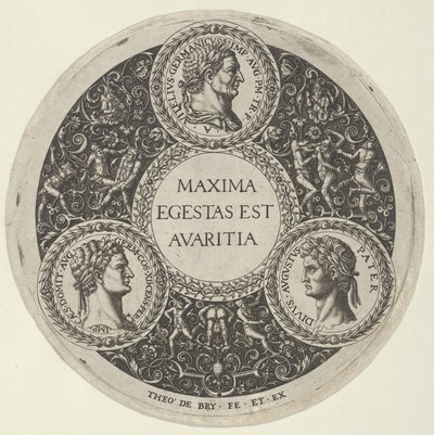 Design til et fad med portrætter af de romerske kejsere Vitellius, Domitian og August..., ca. 1588. af Theodore de Bry