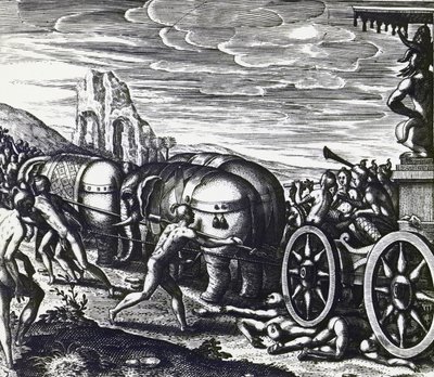 Hengivne bliver knust af vogn under procession af idol, af Theodor de Bry (1528-1598), gravering af Theodore de Bry
