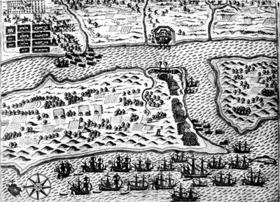 Drake erobrer båden "Saint Augustin" i 1586, af De Bry af Theodore de Bry